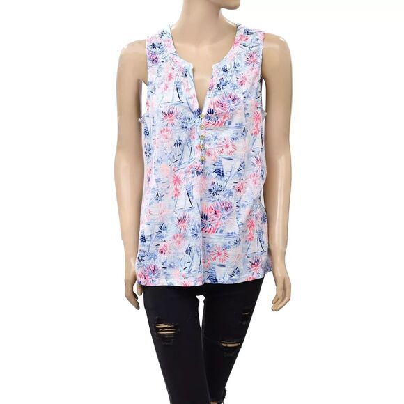 Lilly Pulitzer Essie Sea to Shining Sea Printed Tank Top Smocked XS New 272882 - Picture 1 of 4